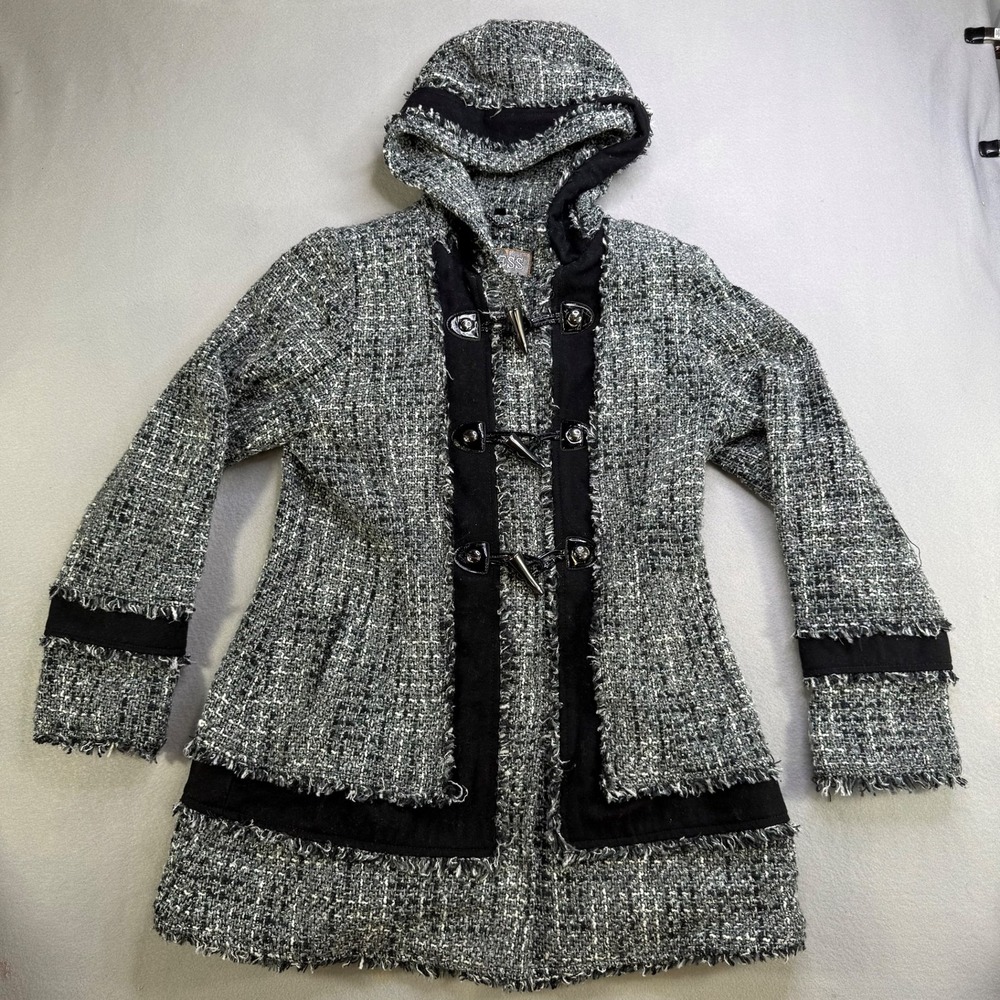 GUESS Los Angeles‎ Tweed Toggle Hooded Coat Women's Size M Gray Black